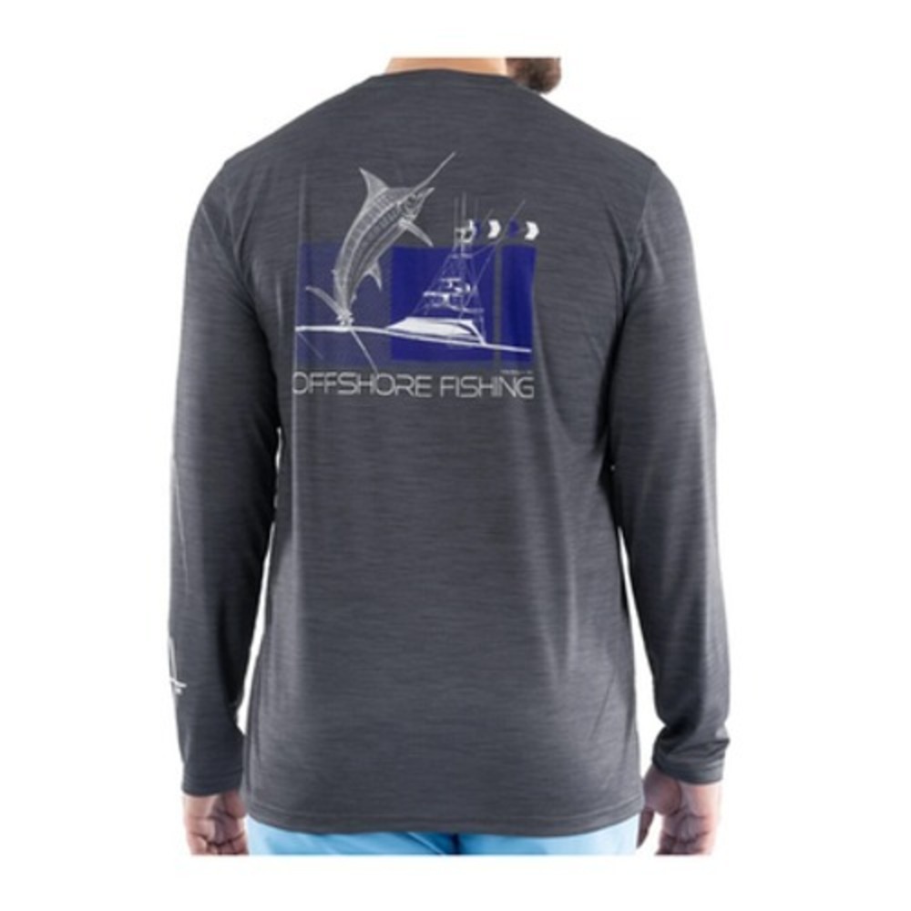 Guy Harvey Shirt Men L Performance Long Sleeve Gray Marlin Stretch Loose‎ Marlin